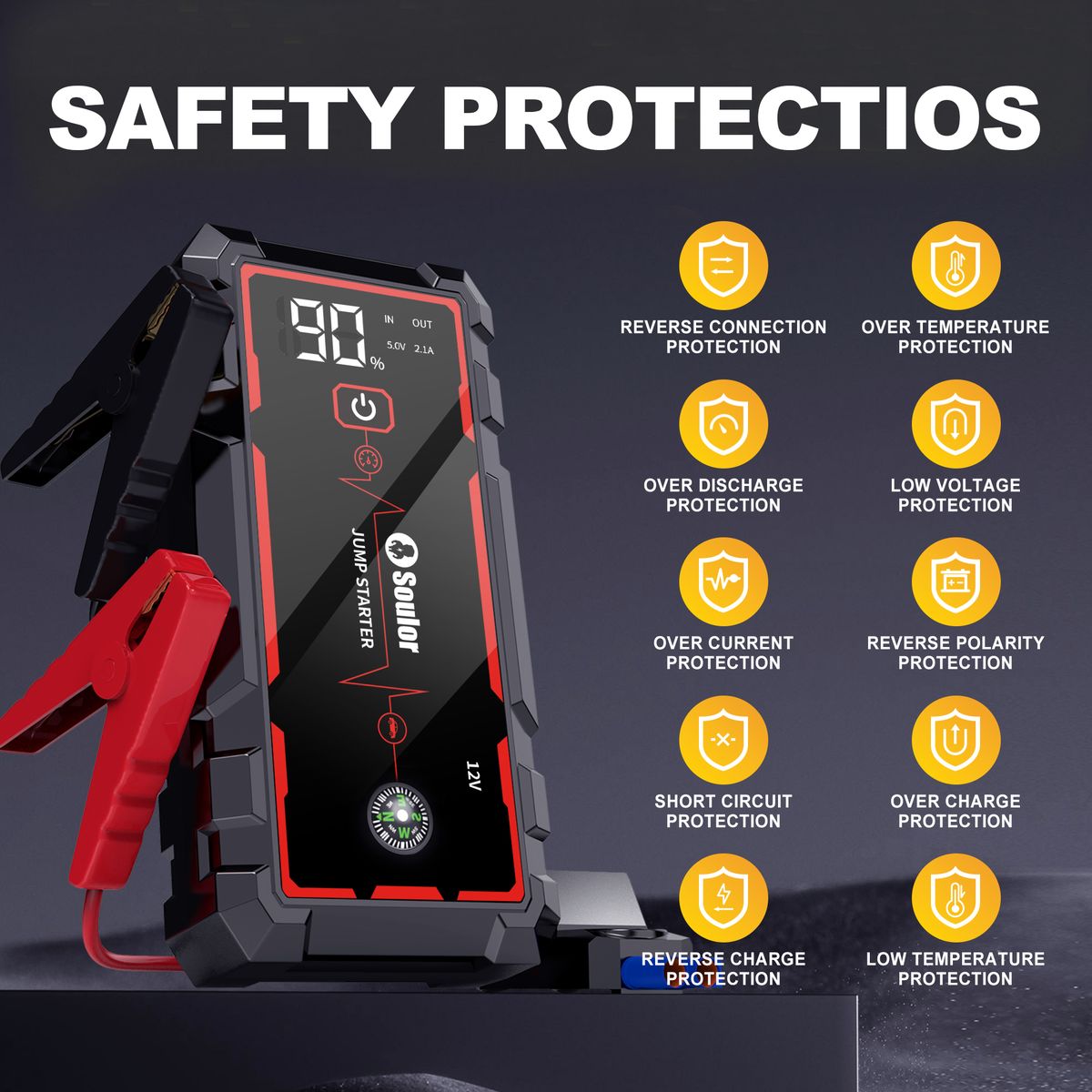 Soulor 12V Lithium Battery Car Jump Starter with 25W Fast Charge LED Light - Image 11