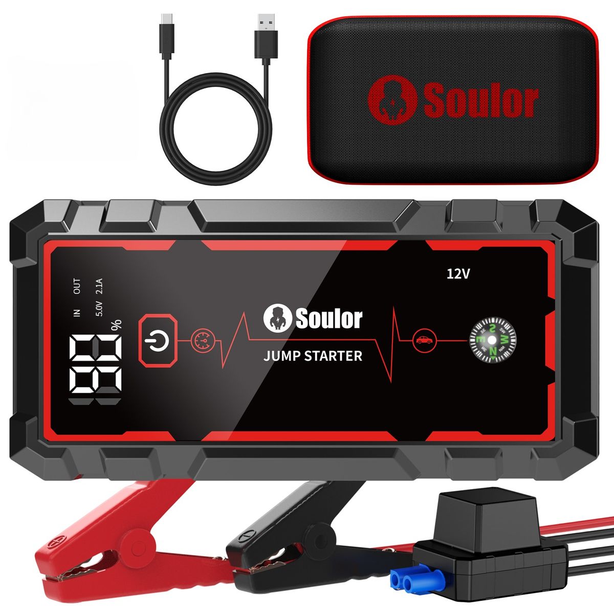 Soulor 12V Lithium Battery Car Jump Starter with 25W Fast Charge LED Light - Image 10