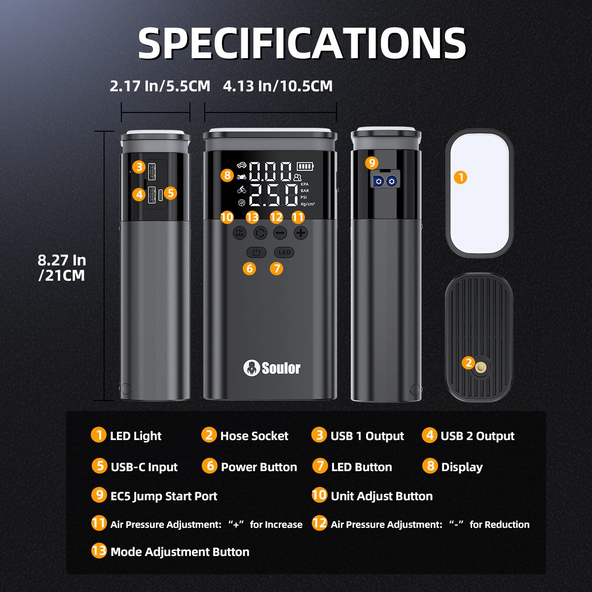 Soulor 5-in-1 Car Jump Starter with Air Compressor, Power Bank & LED Light - Image 6