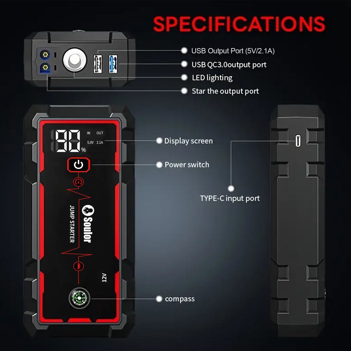 Soulor 12V Lithium Battery Car Jump Starter with 25W Fast Charge LED Light - Image 8