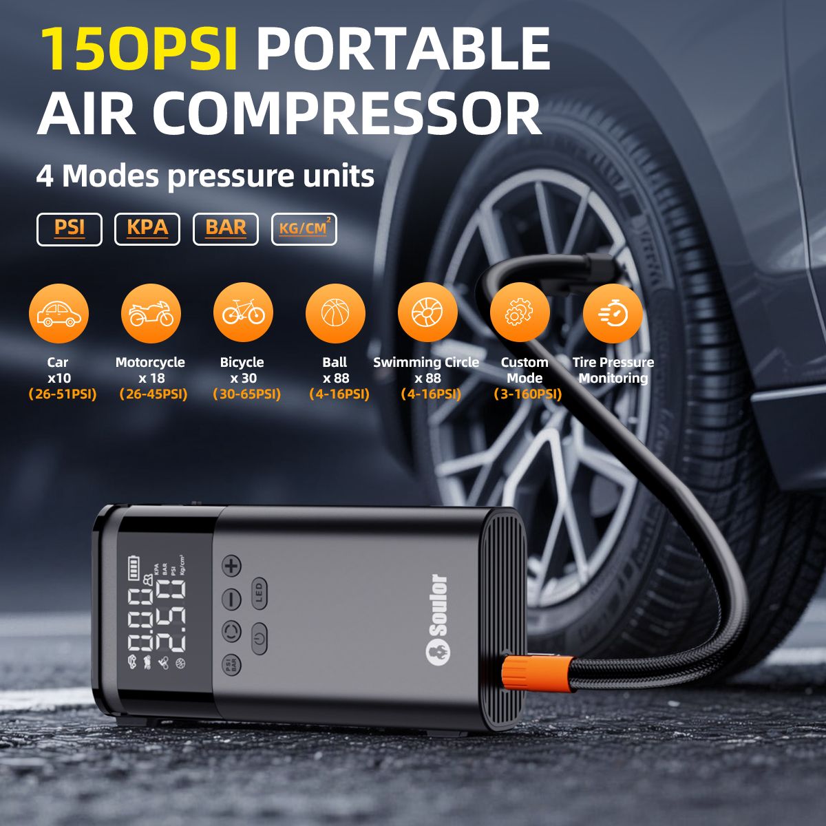 Soulor 5-in-1 Car Jump Starter with Air Compressor, Power Bank & LED Light - Image 3