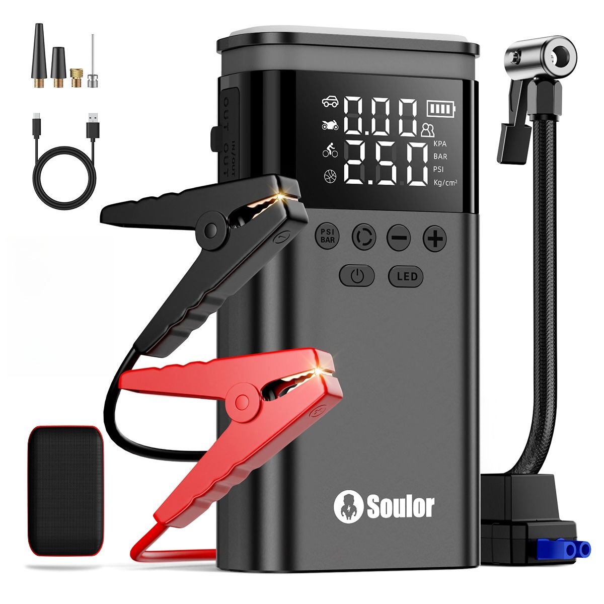 Soulor 5-in-1 Car Jump Starter with Air Compressor, Power Bank & LED Light - Image 2