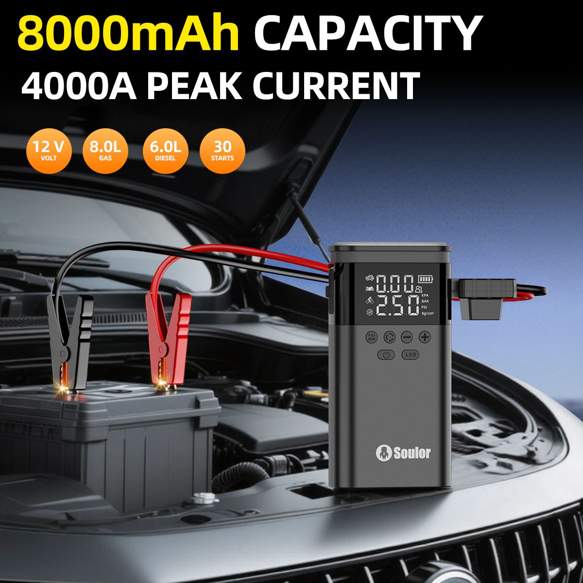 Soulor 5-in-1 Car Jump Starter with Air Compressor, Power Bank & LED Light - Image 12